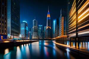 ein Stadt beim Nacht mit ein Fluss und Gebäude. KI-generiert foto