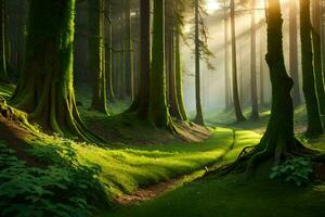 ein Wald mit Bäume und Gras. KI-generiert foto