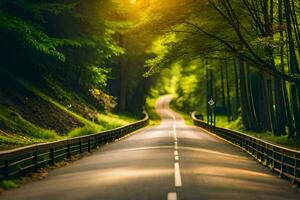 ein lange Straße im das Wald mit Bäume und Sonne. KI-generiert foto