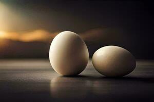 zwei Eier auf ein Tabelle mit ein Sonnenuntergang im das Hintergrund. KI-generiert foto