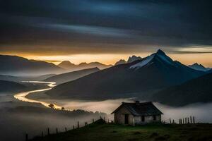 ein Haus sitzt auf ein Hügel mit Blick auf ein Senke und Berge. KI-generiert foto