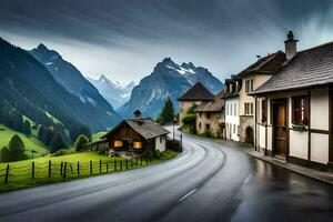 ein Straße im das Berge mit Häuser und Berge im das Hintergrund. KI-generiert foto