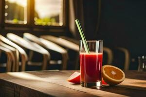 ein Glas von Saft mit ein Stroh auf ein Tisch. KI-generiert foto