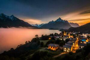 ein Stadt, Dorf sitzt auf das Kante von ein See beim Sonnenuntergang. KI-generiert foto