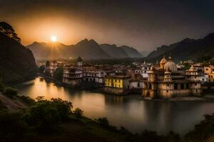 das Sonne setzt Über ein Fluss im Indien. KI-generiert foto