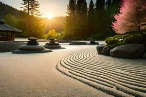 ein Zen Garten mit Felsen und Bäume. KI-generiert foto