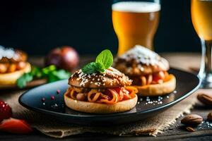 Essen auf ein Teller mit Bier und Wein. KI-generiert foto