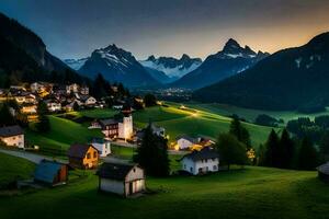 Foto Hintergrund das Himmel, Berge, Dorf, Haus, Grün, Alpen, Schweiz. KI-generiert