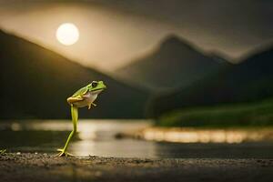 ein Frosch Stehen auf es ist Hinter Beine im Vorderseite von ein Fluss. KI-generiert foto