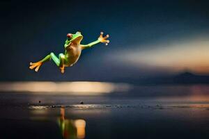 ein Frosch Springen in das Luft beim Sonnenuntergang. KI-generiert foto