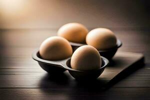 vier Eier im ein klein Gericht auf ein hölzern Tisch. KI-generiert foto