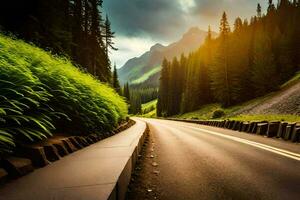 ein Straße im das Berge mit Bäume und Berge. KI-generiert foto