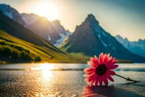 Foto Hintergrund das Sonne, Berge, Blumen, das Meer, das See, das Sonne, Die. KI-generiert