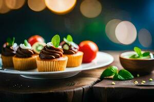 Cupcakes auf ein Teller mit ein hölzern Hintergrund. KI-generiert foto