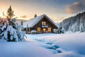 ein Kabine im das Schnee mit Bäume und Schnee. KI-generiert foto