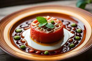 ein Tomate Dessert auf ein Platte. KI-generiert foto