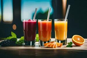 drei Brille von Saft mit Strohhalme auf ein Tisch. KI-generiert foto