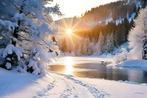 Schnee bedeckt Bäume und ein See im das Winter. KI-generiert foto