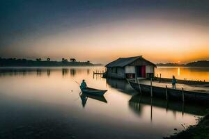 ein Boot ist im das Wasser beim Sonnenuntergang. KI-generiert foto