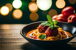 Spaghetti mit Fleischklößchen und Tomate Soße auf ein hölzern Tisch. KI-generiert foto