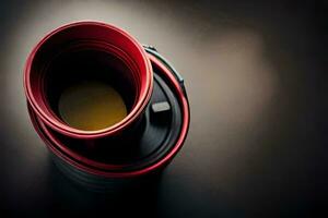 ein rot und schwarz Kaffee Tasse auf ein Tisch. KI-generiert foto