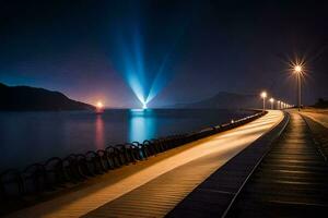 ein lange Brücke mit Beleuchtung leuchtenden auf es beim Nacht. KI-generiert foto