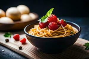 Spaghetti mit Himbeeren und Pilze im ein Schüssel. KI-generiert foto