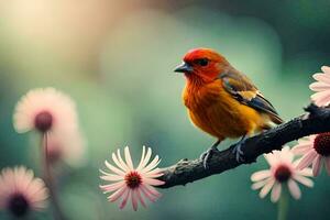 ein klein Vogel ist thront auf ein Ast mit Blumen. KI-generiert foto