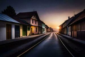 ein lange leeren Straße mit ein Zug Spur im das Mitte. KI-generiert foto