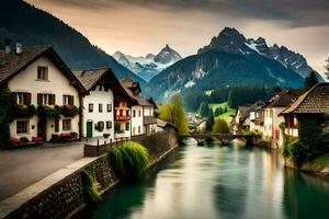 ein Fluss läuft durch ein Stadt, Dorf im das Berge. KI-generiert foto