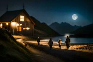 drei Menschen gehen Nieder ein Pfad im Vorderseite von ein Haus beim Nacht. KI-generiert foto