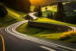 ein Wicklung Straße im das Berge mit das Sonne Einstellung. KI-generiert foto