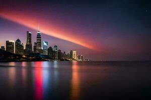 das Stadt Horizont beim Nacht mit ein Regenbogen. KI-generiert foto