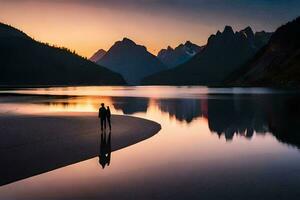 zwei Menschen Stand auf das Ufer von ein See beim Sonnenuntergang. KI-generiert foto