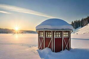 ein rot und Weiß Schnee bedeckt Pavillon Sitzung im das Mitte von ein schneebedeckt Feld. KI-generiert foto