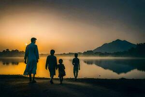 Silhouette von ein Familie Gehen entlang das Ufer von ein See beim Sonnenuntergang. KI-generiert foto