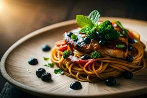 ein Teller von Pasta mit Blaubeeren und Lachs. KI-generiert foto