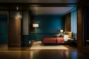 ein Schlafzimmer mit dunkel Holz Böden und Blau Wände. KI-generiert foto