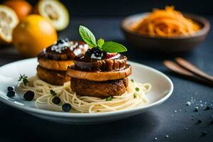 zwei Fleischklößchen auf Spaghetti mit Blaubeeren und Orange Scheiben. KI-generiert foto