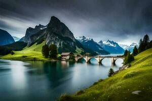 das Brücke Über das See. KI-generiert foto