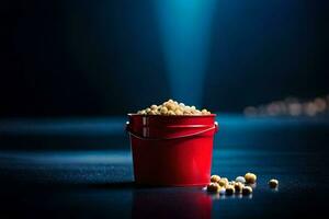 ein Eimer von Popcorn auf ein dunkel Tisch. KI-generiert foto