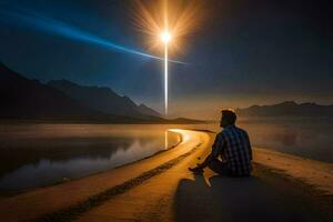 ein Mann Sitzung auf das Strand suchen beim das Himmel. KI-generiert foto