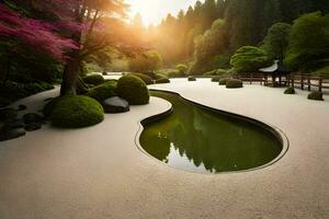 ein japanisch Garten mit ein Teich und Bäume. KI-generiert foto