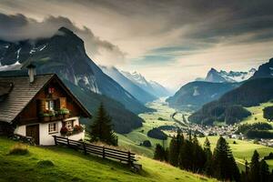 ein klein Haus sitzt auf ein Hügel mit Blick auf ein Schlucht. KI-generiert foto