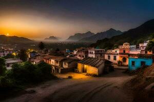 Foto Hintergrund das Himmel, Berge, Sonnenuntergang, das Dorf, Indien. KI-generiert
