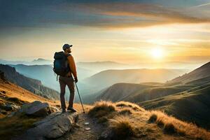 ein Mann mit ein Rucksack und Wanderung Stangen steht auf ein Berg oben beim Sonnenuntergang. KI-generiert foto