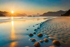 das Sonne steigt an Über das Ozean und Felsen auf das Strand. KI-generiert foto