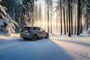 das 2020 BMW x3 ist Fahren durch ein schneebedeckt Wald. KI-generiert foto