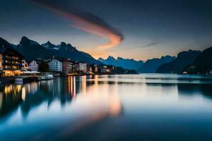 ein schön Sonnenuntergang Über das Berge und Wasser. KI-generiert foto