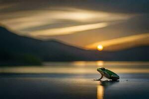 ein Frosch Sitzung auf das Ufer beim Sonnenuntergang. KI-generiert foto